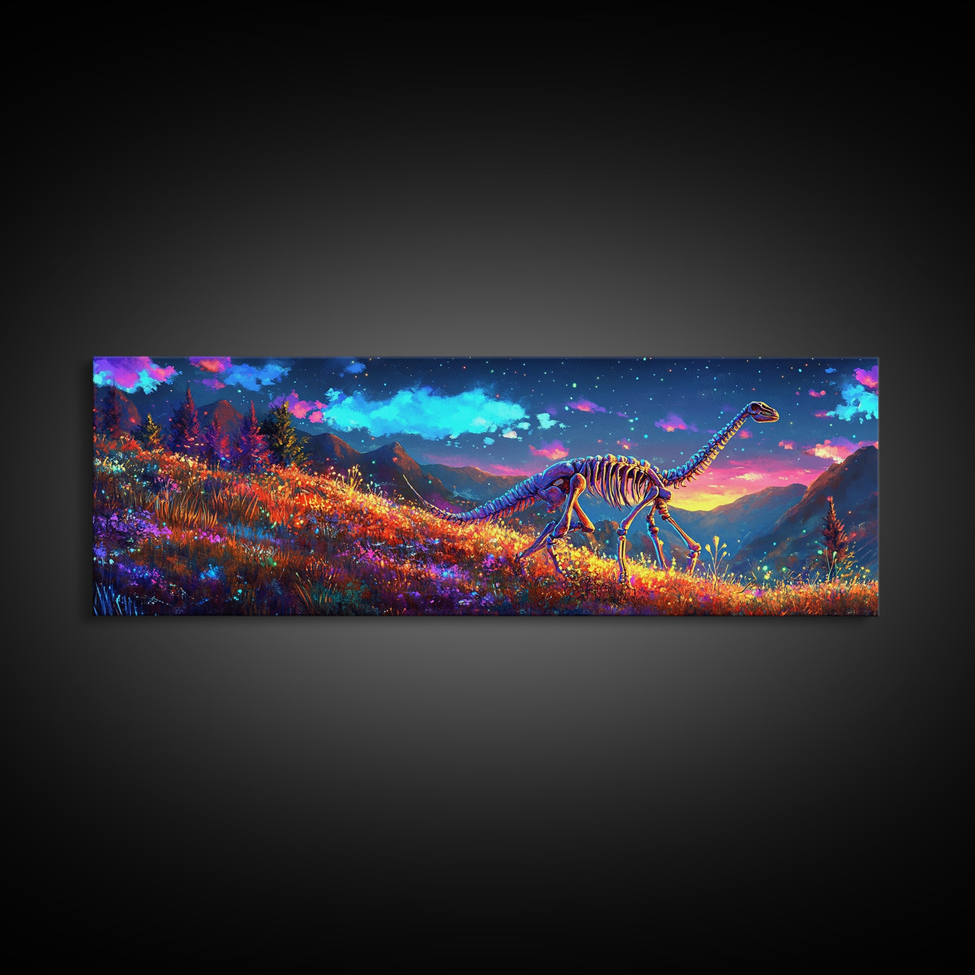 Glowing Dinosaur Skeleton In Mountain Meadow Canvas Print, Fantasy Wall Art, Landscape Art, Colorful Wall Decor, Kids Room Art