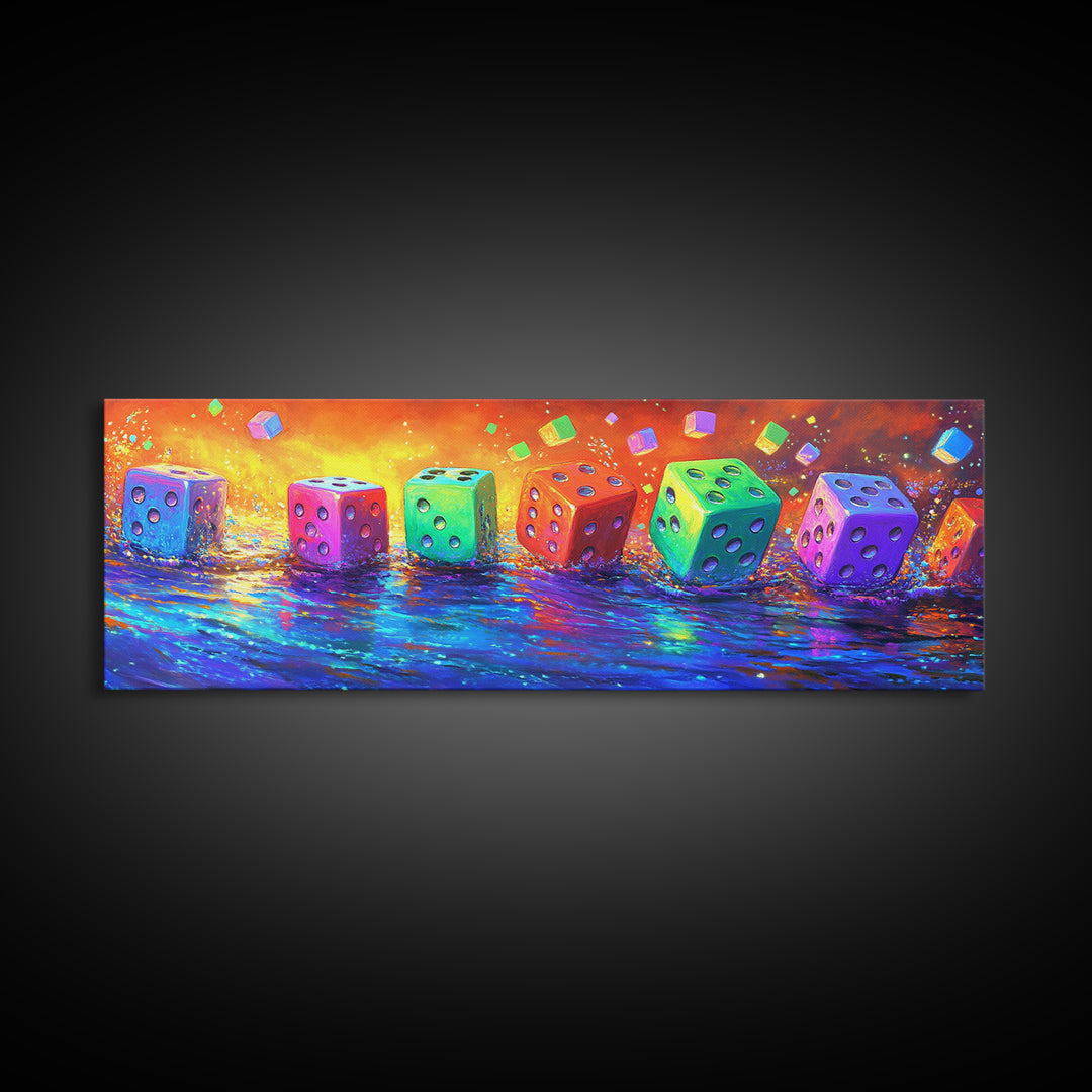 Row Of Rainbow Dice On Reflective Table Canvas Print, Game Room Wall Art, Colorful Wall Decor, Gamer Gift, Modern Wall Art