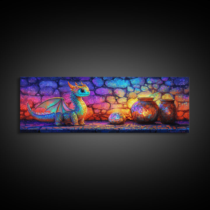 Cute Rainbow Dragon With Magic Jars Canvas Print, Fantasy Wall Art, Whimsical Decor, Kids Room Art, Nursery Wall Decor, Gift For Kids