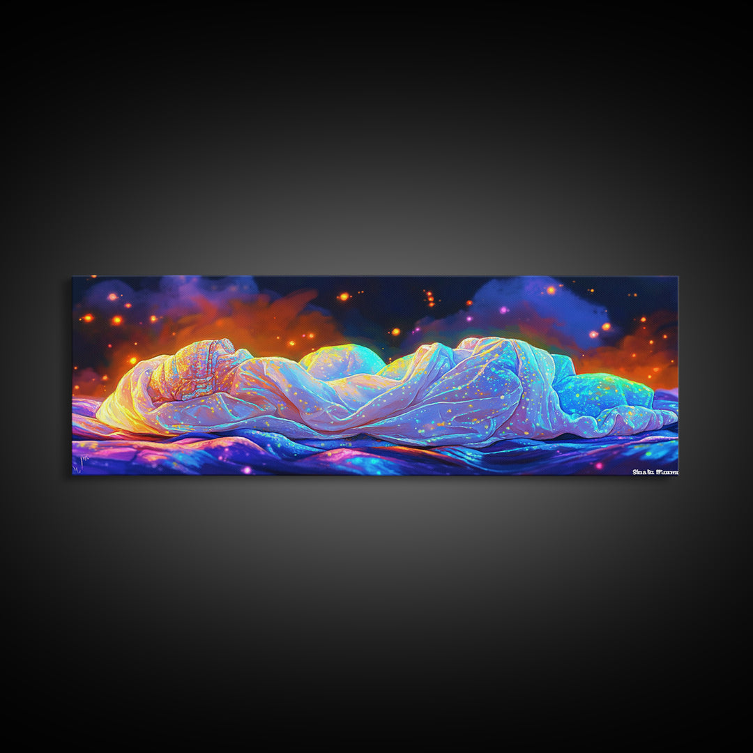 Glowing Sleeping Figure Under Starry Blanket Canvas Print, Sweet Dreams Wall Art, Cozy Bedroom Decor, Ethereal Dreamy Wall Decor