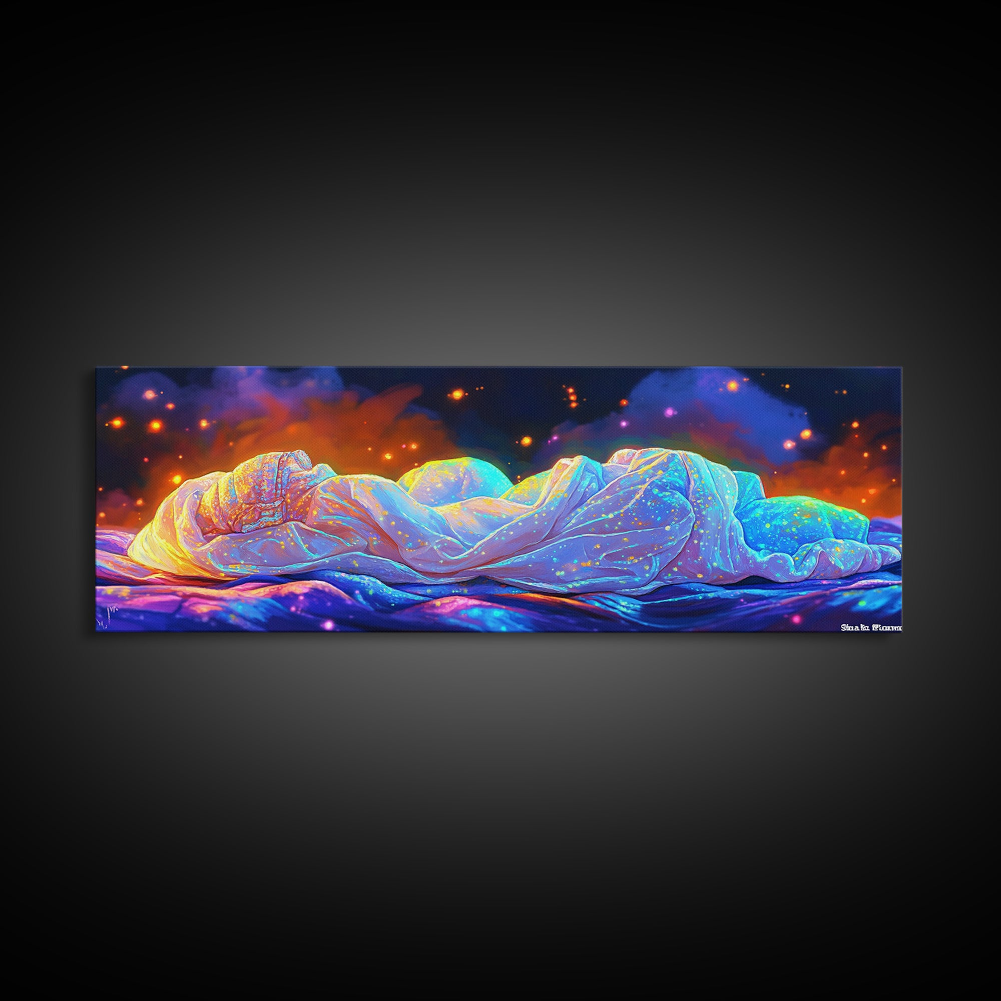 Glowing Sleeping Figure Under Starry Blanket Canvas Print, Sweet Dreams Wall Art, Cozy Bedroom Decor, Ethereal Dreamy Wall Decor