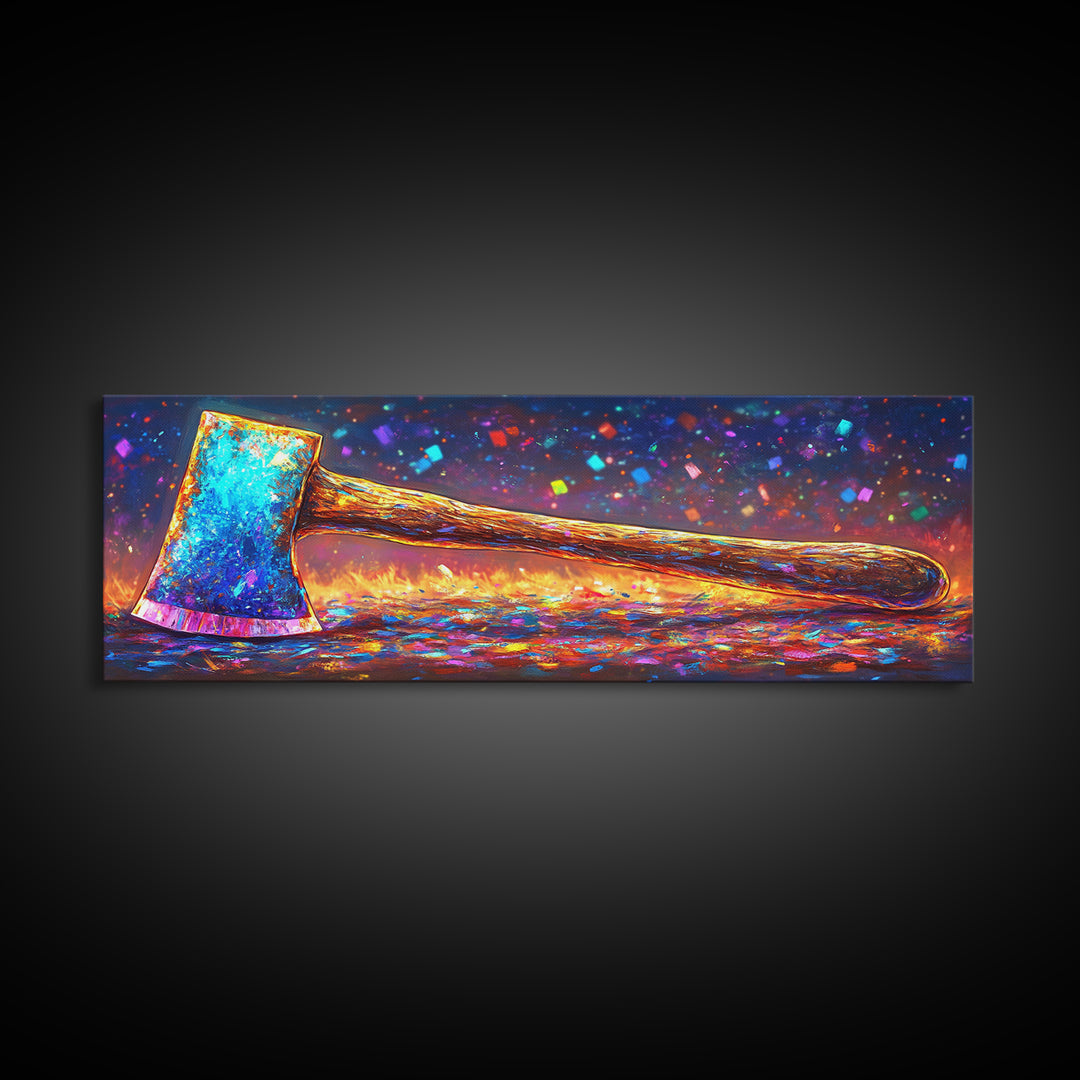 Vibrant Rainbow Axe On Glittering Ground Canvas Print, Rustic Wall Art, Garage Decor, Man Cave Decor, Unique Gift For Him