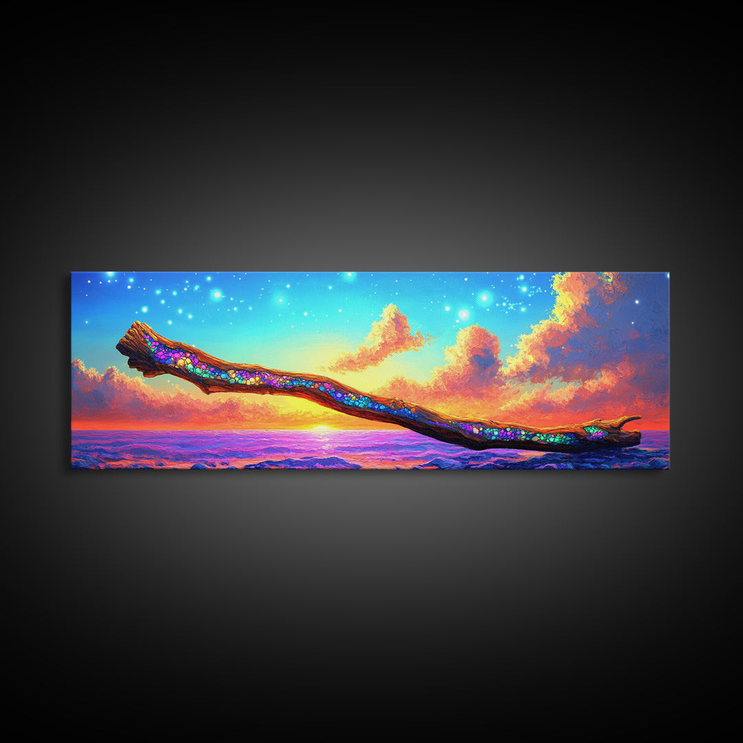 Glittering Branch Over Sunset Ocean Framed Canvas Print, Coastal Wall Art, Seascape Art, Beach House Decor, Summer Vibes