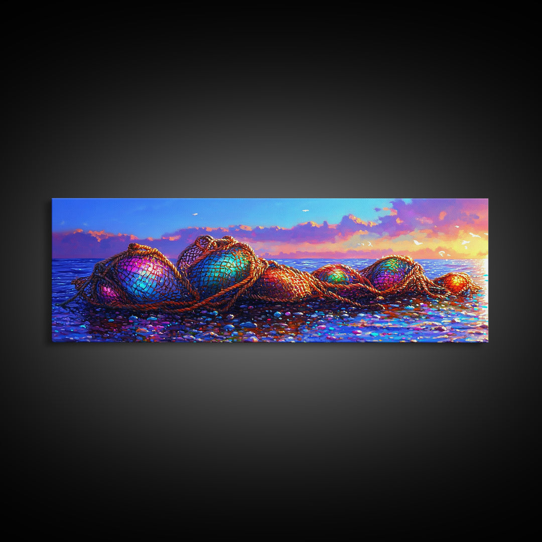 Rainbow Fishing Nets On Pebble Shore Framed Canvas Print, Coastal Wall Art, Beach House Decor, Nautical Living Room Decor