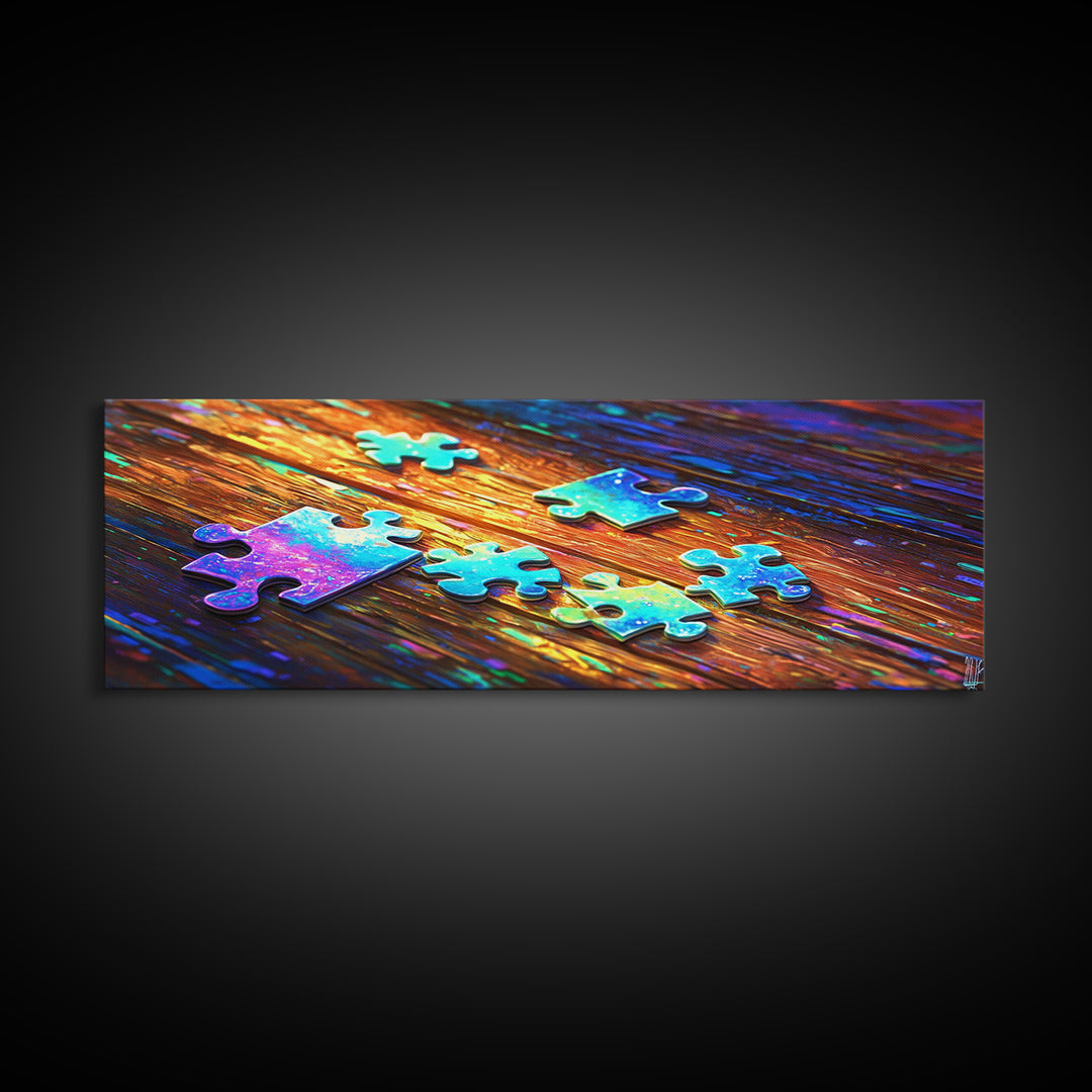 Rainbow Puzzle Pieces On Wood Table Canvas Print, Game Room Wall Art, Colorful Abstract Art, Playroom Decor, Unique Gift