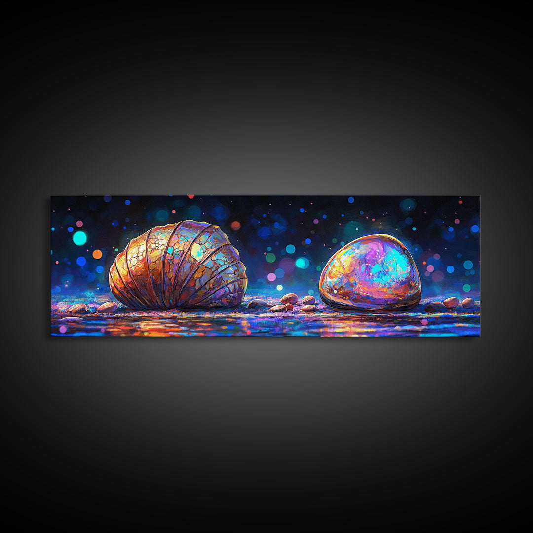 Glowing Seashell And Polished Stone Framed Canvas Print, Coastal Wall Art, Ocean Decor, Beach House Decor, Nautical Gift