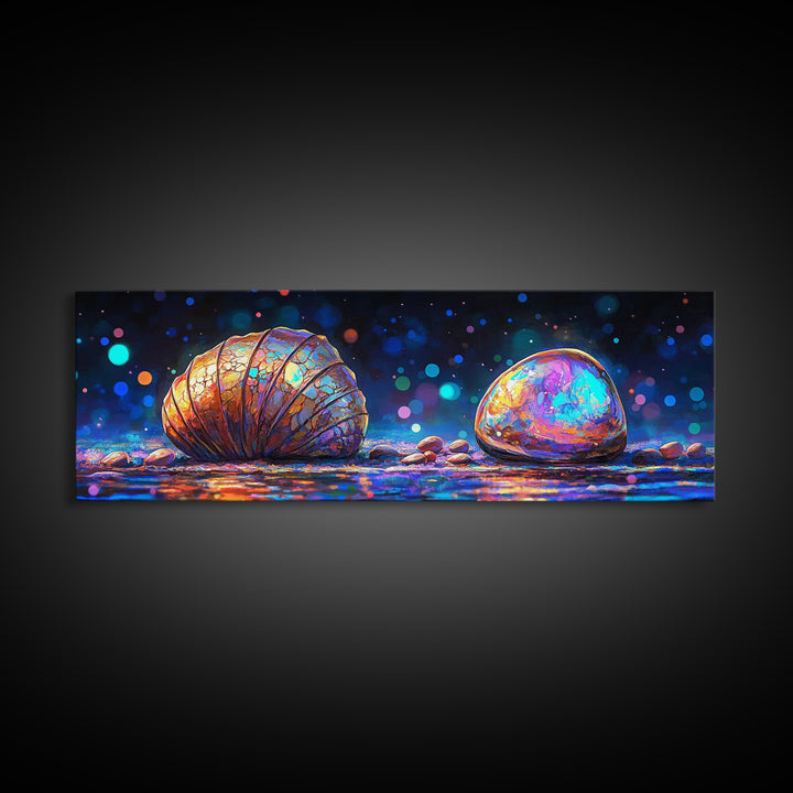 Glowing Seashell And Polished Stone Framed Canvas Print, Coastal Wall Art, Ocean Decor, Beach House Decor, Nautical Gift