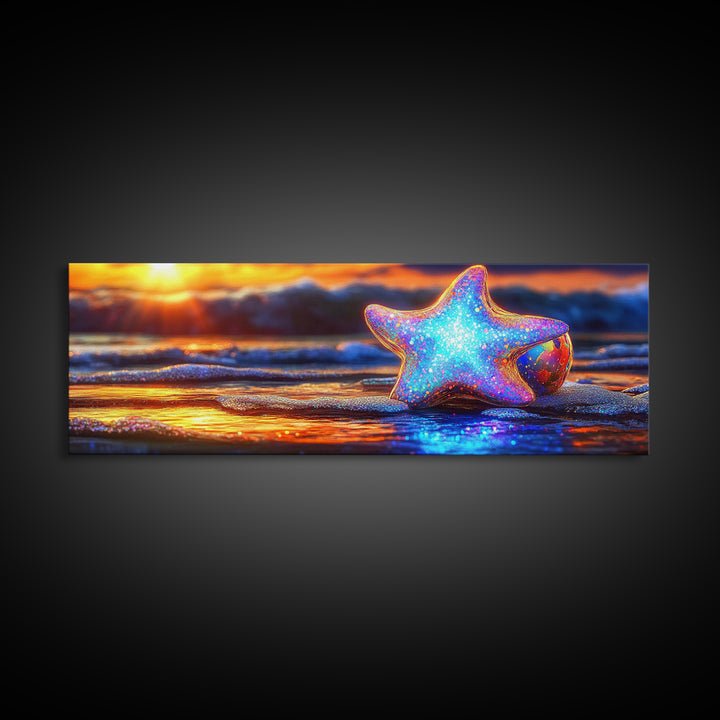 Glowing Starfish On Sunset Beach Wall Art, Coastal Canvas Print, Ocean Wall Decor, Beach House Gift, Colorful Seascape Art