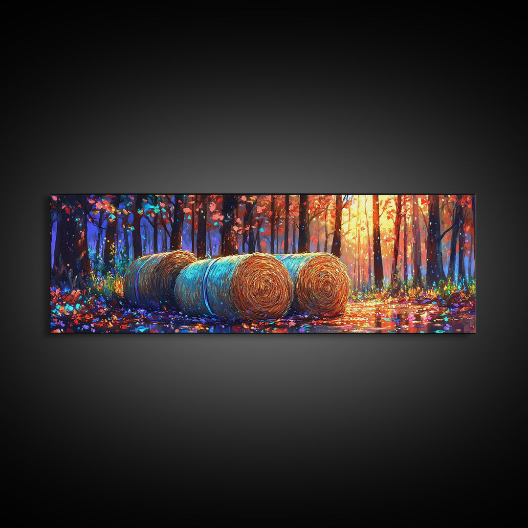 Golden Hay Bales In Autumn Forest Wall Art, Rustic Farmhouse Decor, Landscape Art Print, Country Home Decor, Cabin Wall Art