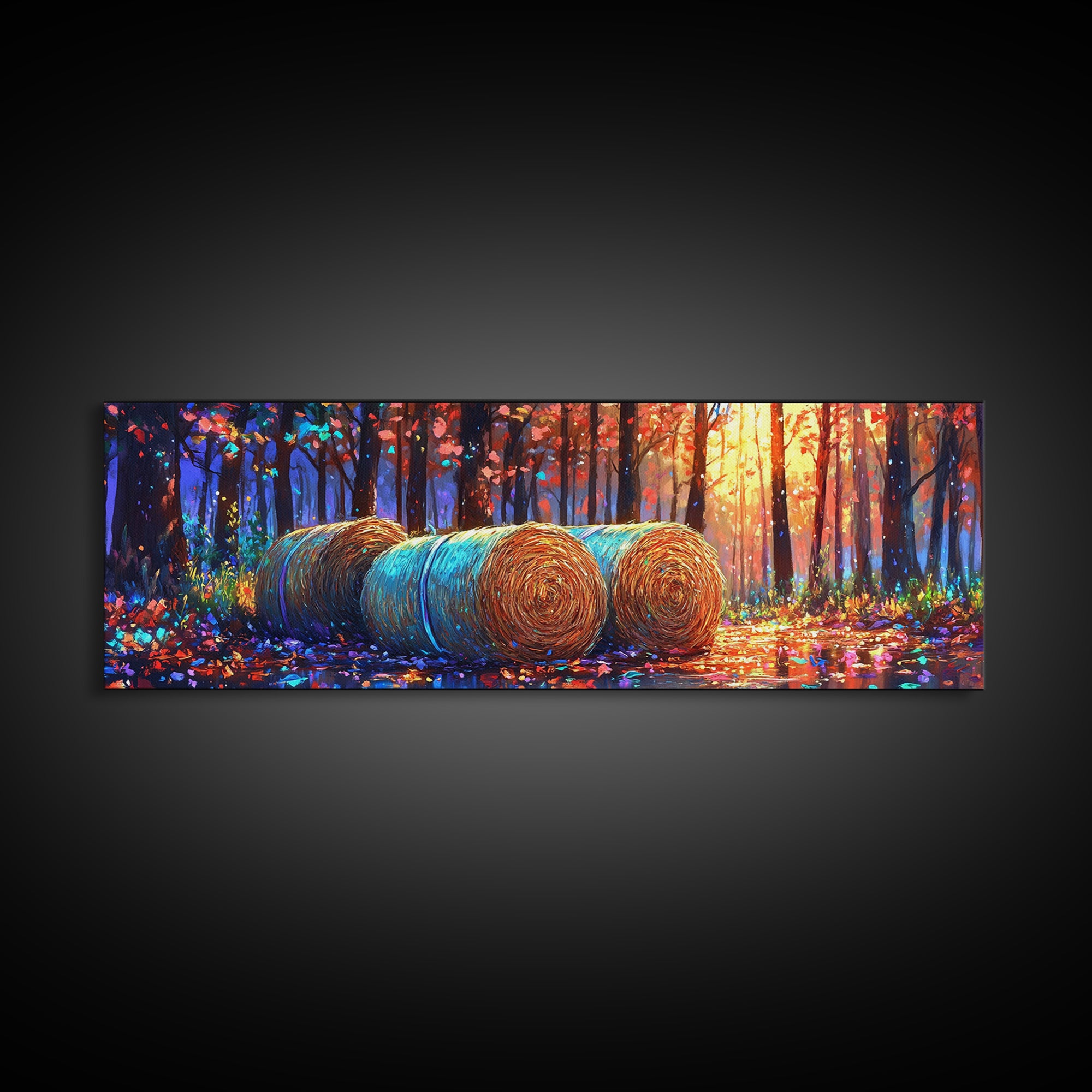 Golden Hay Bales In Autumn Forest Wall Art, Rustic Farmhouse Decor, Landscape Art Print, Country Home Decor, Cabin Wall Art