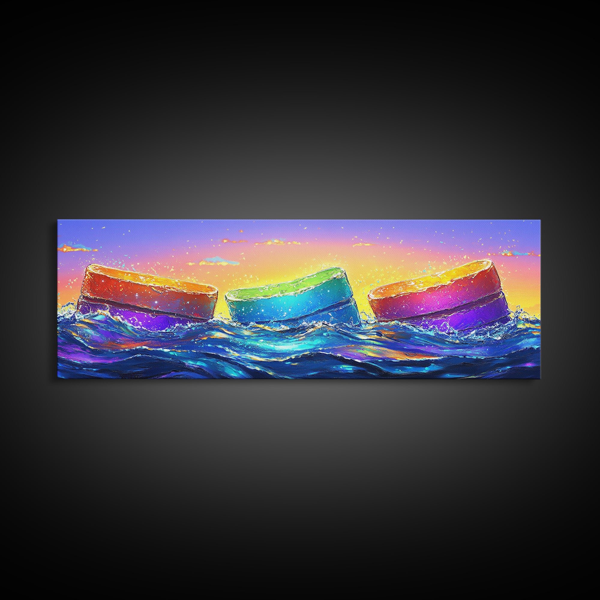 Rainbow Buoys In Ocean Waves Canvas Print, Coastal Wall Art, Colorful Beach House Decor, Modern Summer Living Room Wall Art