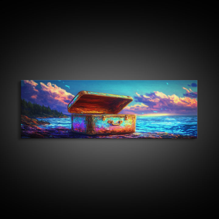 Open Treasure Chest On Neon Beach Canvas Print, Coastal Wall Art, Fantasy Ocean Decor, Beach House Decor, Housewarming Gift