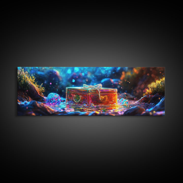 Glass Treasure Box In Magical Stream Framed Canvas Print, Fantasy Wall Art, Nature Inspired Art, Whimsical Home Decor, Gift