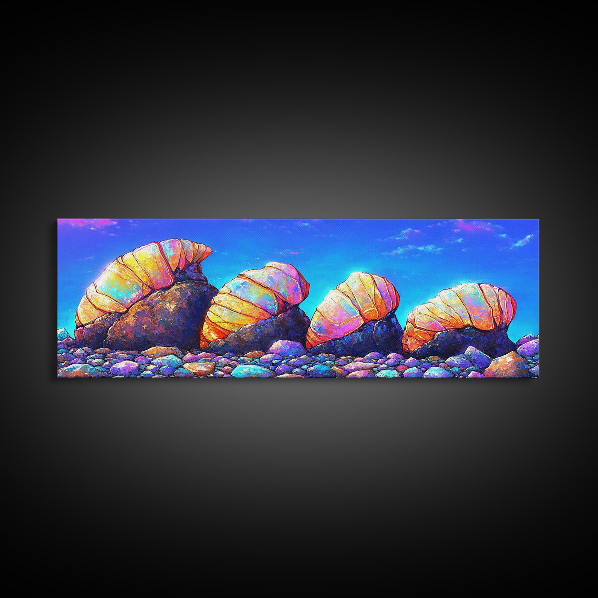 Iridescent Hermit Crabs On Pebble Shore Canvas Print, Coastal Wall Art, Beach House Decor, Ocean Art, Nautical Decor, Gift