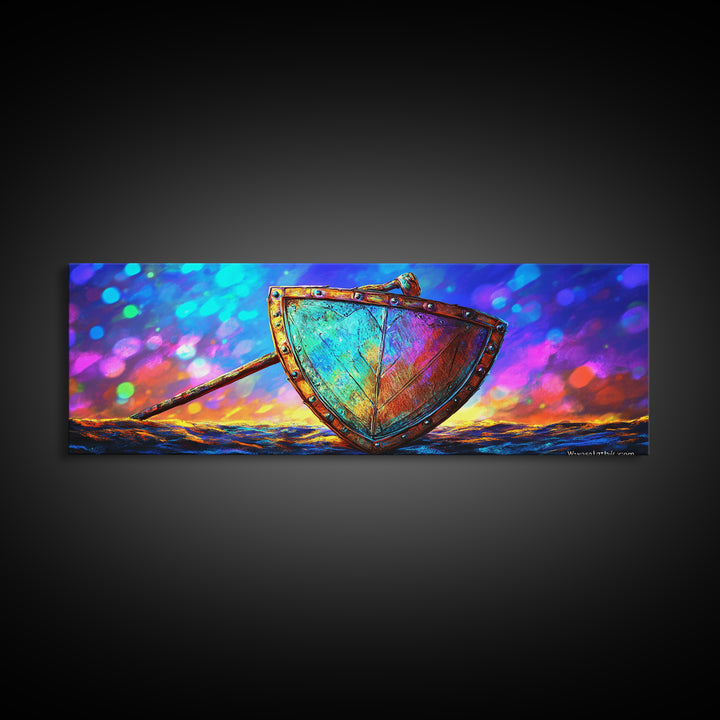 Iridescent Viking Shield And Spear Canvas Print, Fantasy Wall Art, Norse Decor, Medieval Warrior Gift For Him, Game Room Decor