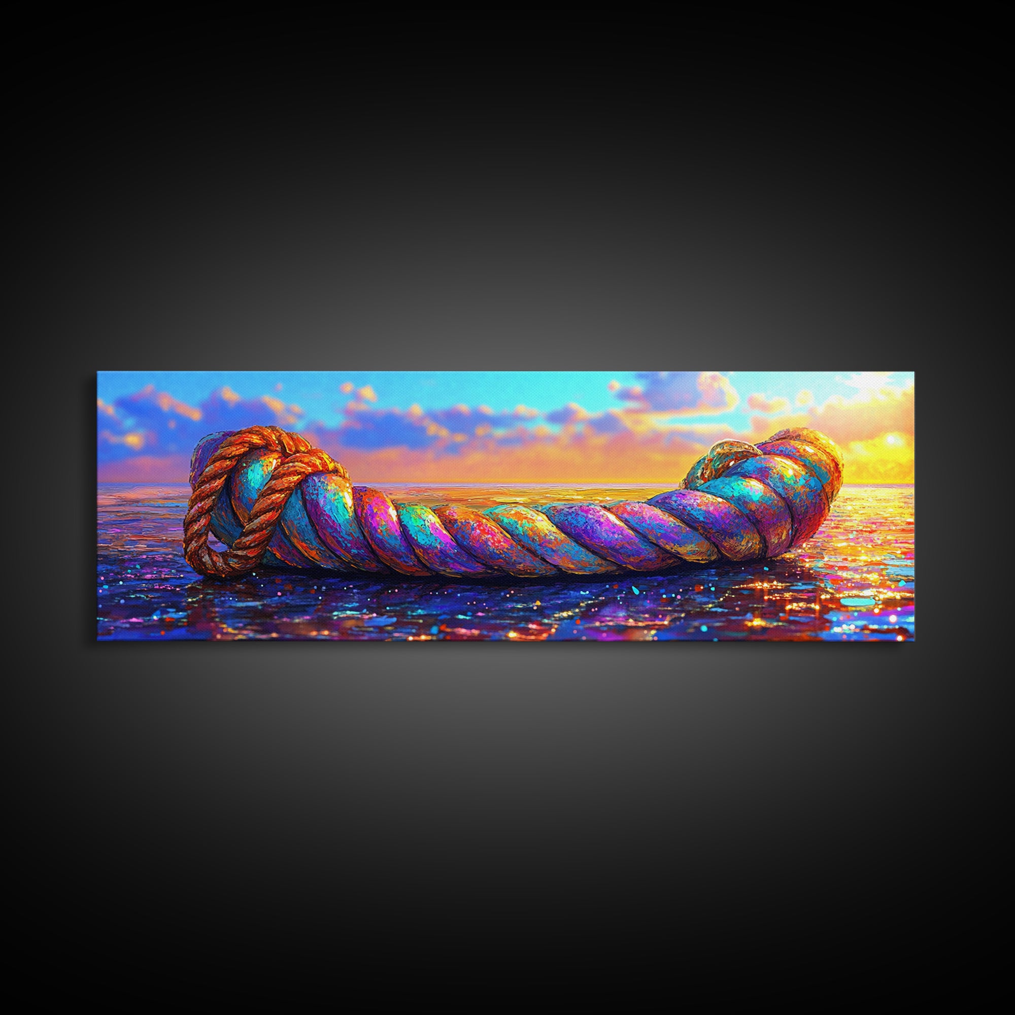 Rainbow Nautical Rope At Sunset Wall Art, Coastal Beach House Decor, Ocean Canvas Print, Tropical Seascape Art Gift For Her