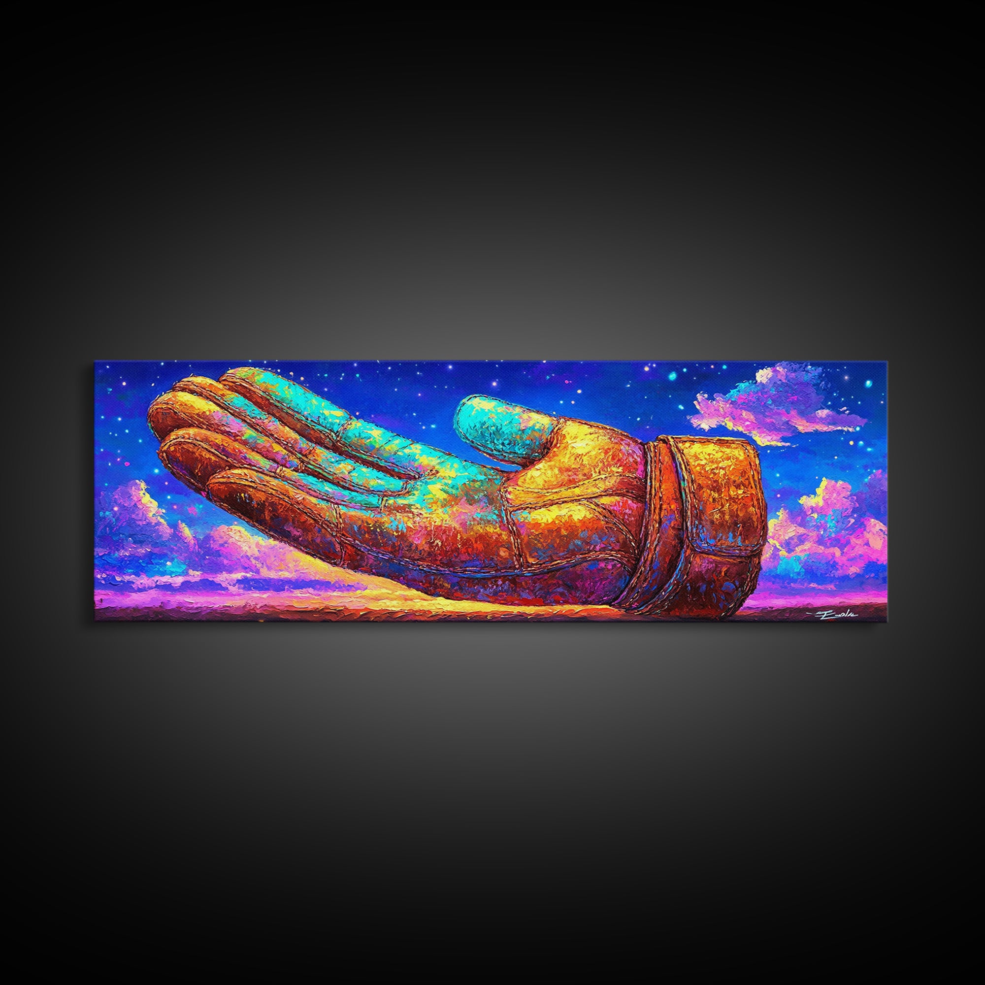 Surreal Leather Glove Floating In Starry Sky Canvas Print, Whimsical Fantasy Wall Art, Colorful Dream Decor, Unique Gift