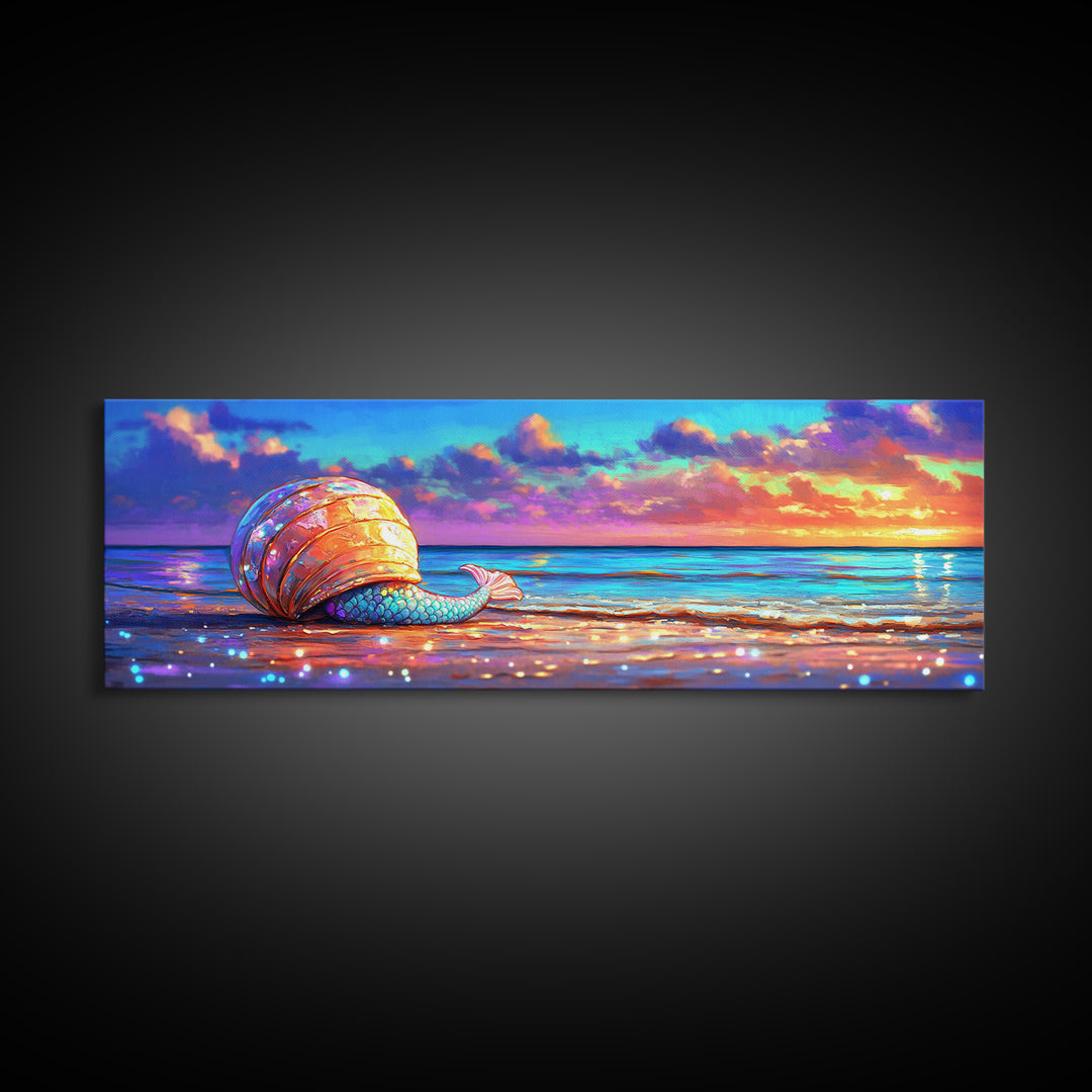 Glowing Seashell Mermaid Tail Wall Art, Coastal Canvas Print, Beach House Decor, Ocean Sunset Art For Nautical Nursery Room
