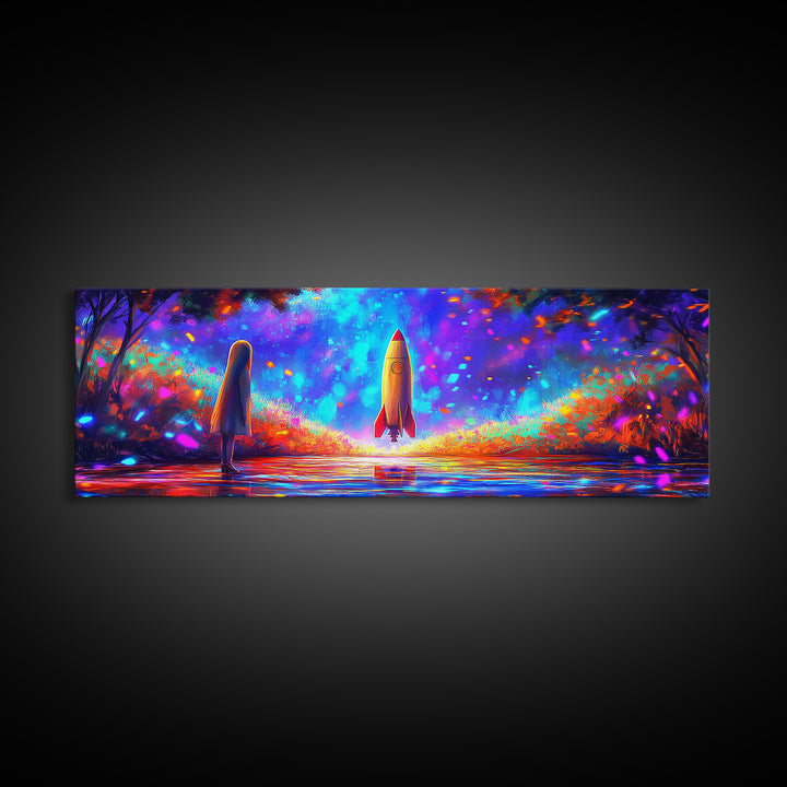 Rocket Launch Through Neon Forest Canvas Print, Futuristic Space Wall Art, Sci Fi Room Decor, Adventure Poster Gift For Him