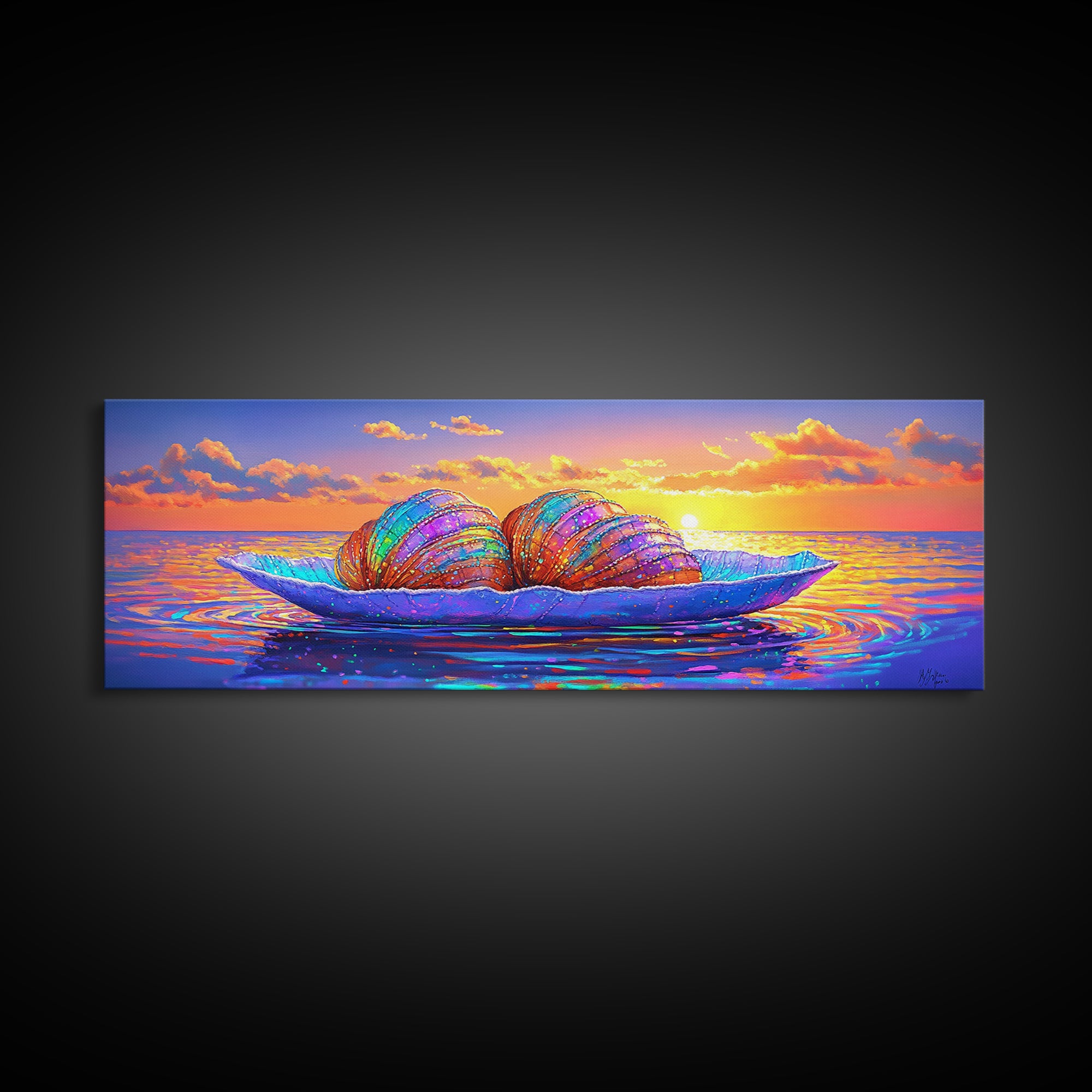 Rainbow Seashells On Ocean Leaf Canvas Print, Coastal Wall Art, Beach House Decor, Seascape Art Print, Blue Ocean Wall Decor