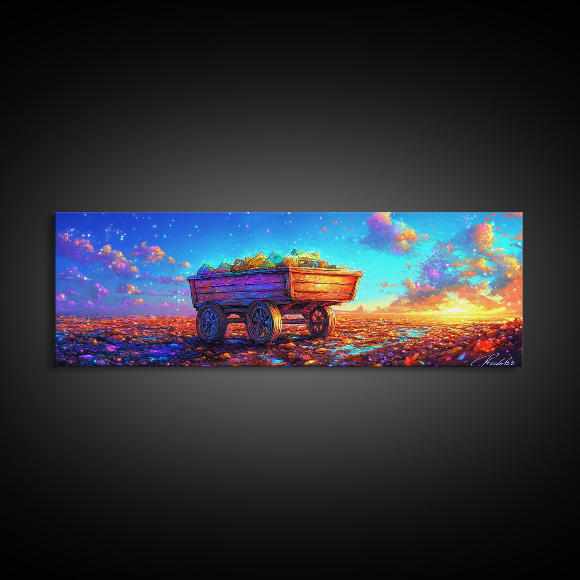 Rustic Wooden Wagon At Sunset Canvas Print, Colorful Country Landscape Art, Farmhouse Wall Decor And Housewarming Gift Idea