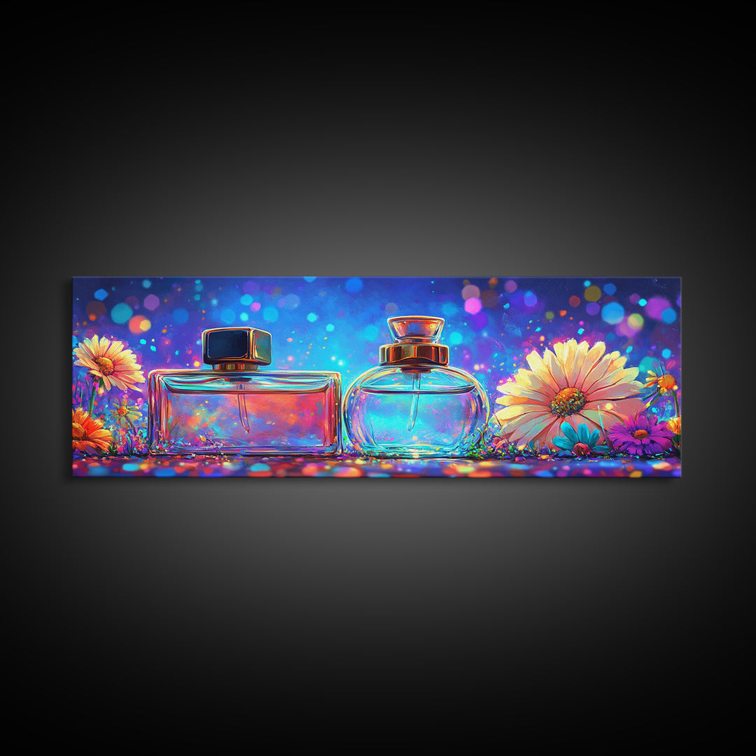 Glowing Perfume Bottles And Daisy Flowers Framed Canvas Print, Feminine Wall Art, Beauty Room Decor, Gift For Her, Vanity Decor