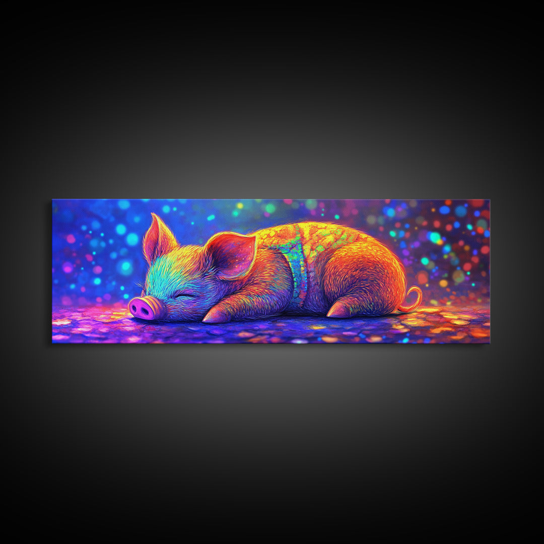 Sleeping Piglet In Rainbow Light Canvas Print, Cute Animal Wall Art, Nursery Decor, Farm Animal Art, Kids Room Wall Decor
