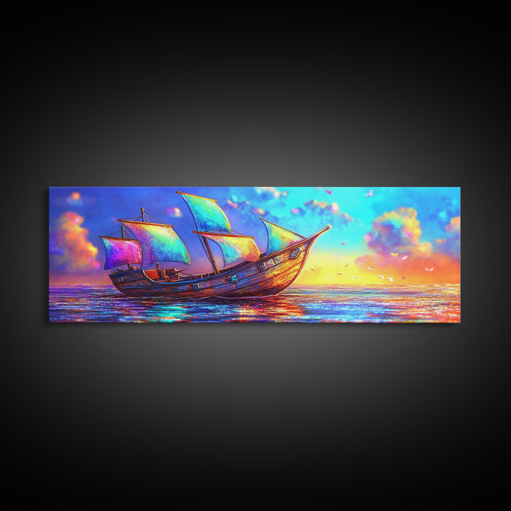 Colorful Fantasy Sailboat At Sunset Canvas Print, Nautical Coastal Wall Art, Ocean Landscape Decor, Beach House Gift Idea