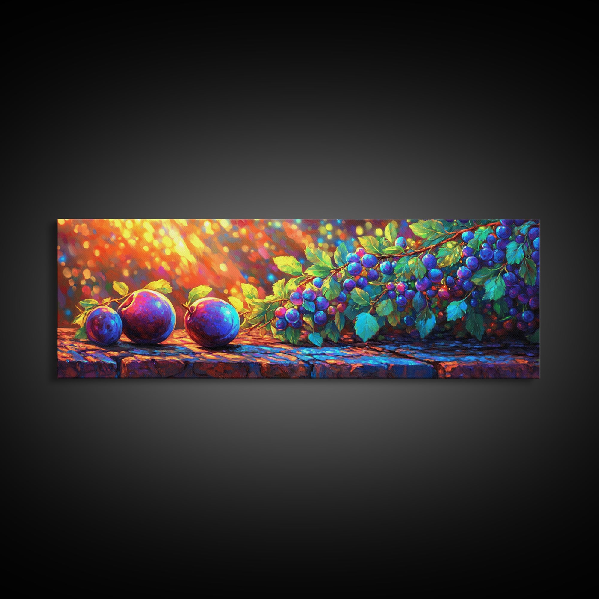 Sunlit Plums And Grapes Wall Art, Vibrant Fruit Canvas Print For Kitchen Decor, Winery Decor And Rustic Country Decor And Dining Room Prints