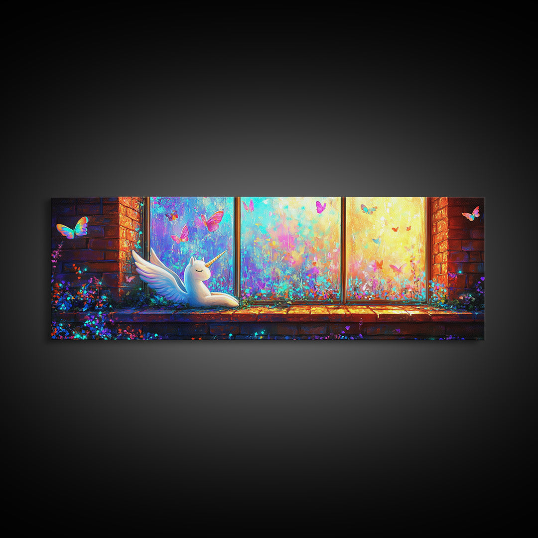 Sleeping Winged Unicorn On Window Sill Framed Canvas Print, Fantasy Wall Art, Butterfly Nursery Decor, Whimsical Gift For Her