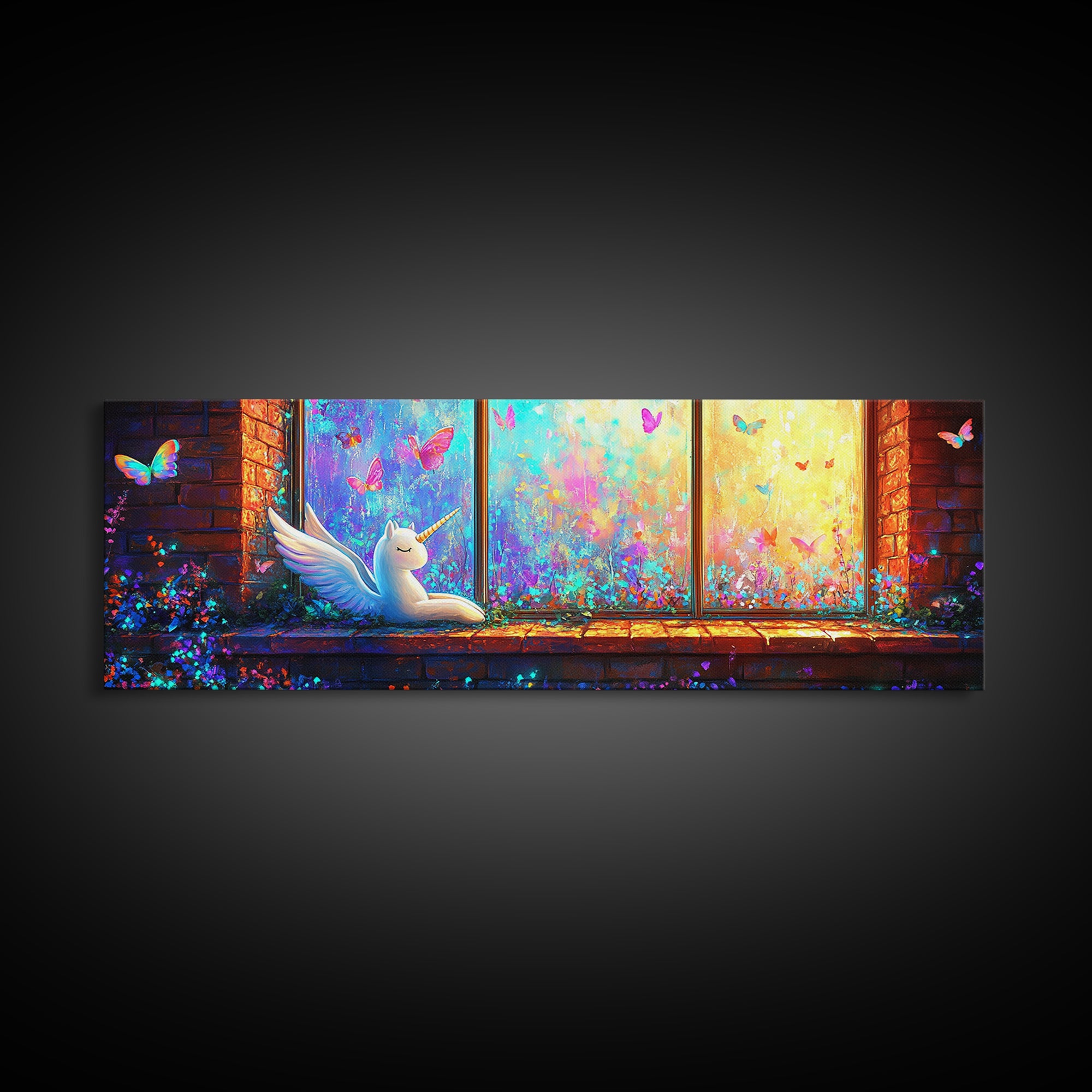 Sleeping Winged Unicorn On Window Sill Framed Canvas Print, Fantasy Wall Art, Butterfly Nursery Decor, Whimsical Gift For Her