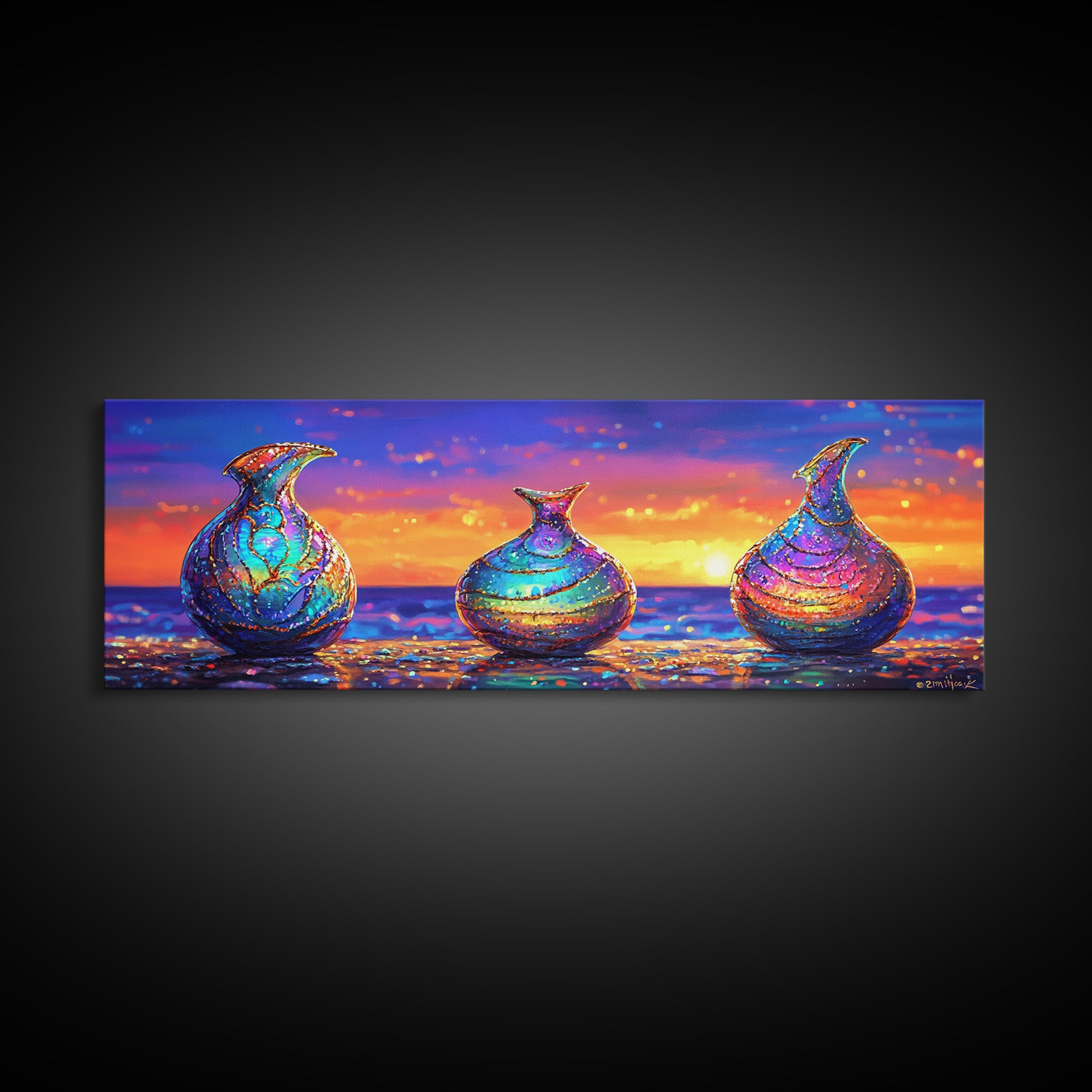 Iridescent Glass Vases At Ocean Sunset Framed Canvas Print, Coastal Wall Art, Colorful Still Life, Beach House Decor Gift