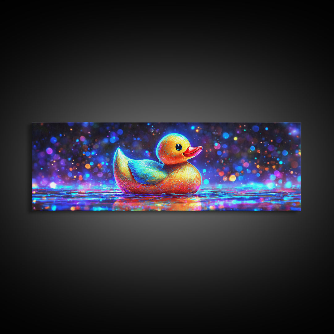 Rainbow Rubber Duck On Sparkling Water Wall Art, Whimsical Bathroom Decor, Kids Room Art, Cute Animal Canvas Print, Gift For Kids