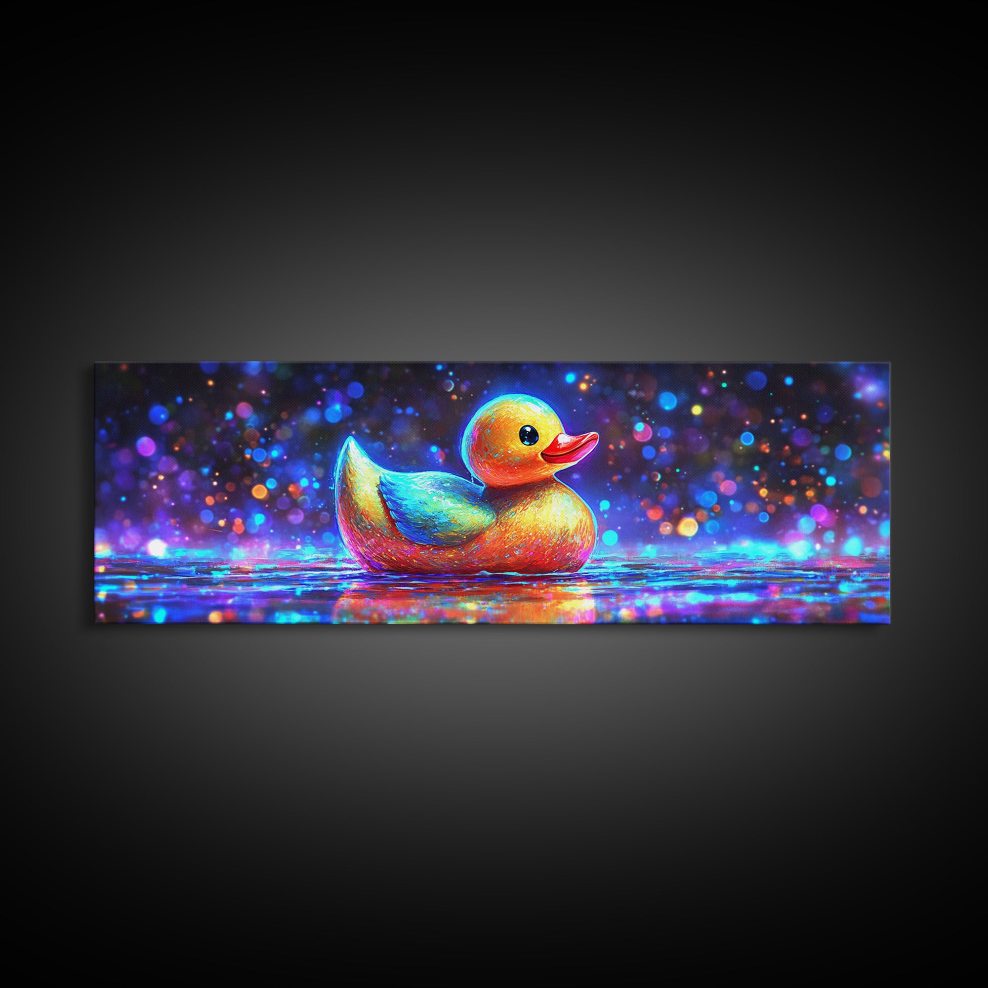 Rainbow Rubber Duck On Sparkling Water Wall Art, Whimsical Bathroom Decor, Kids Room Art, Cute Animal Canvas Print, Gift For Kids