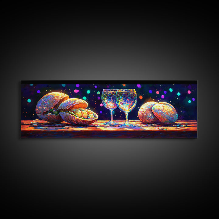 Iridescent Seashells And Wine Glasses Canvas Print, Coastal Kitchen Wall Art, Beach House Decor, Dining Room Print, Gift For Her