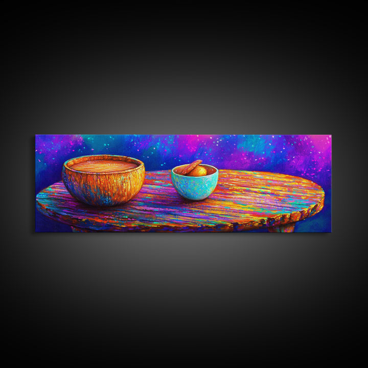 Rainbow Wooden Table And Bowls Canvas Print, Colorful Still Life Wall Art, Modern Kitchen Decor, Dopamine Dining Room Print