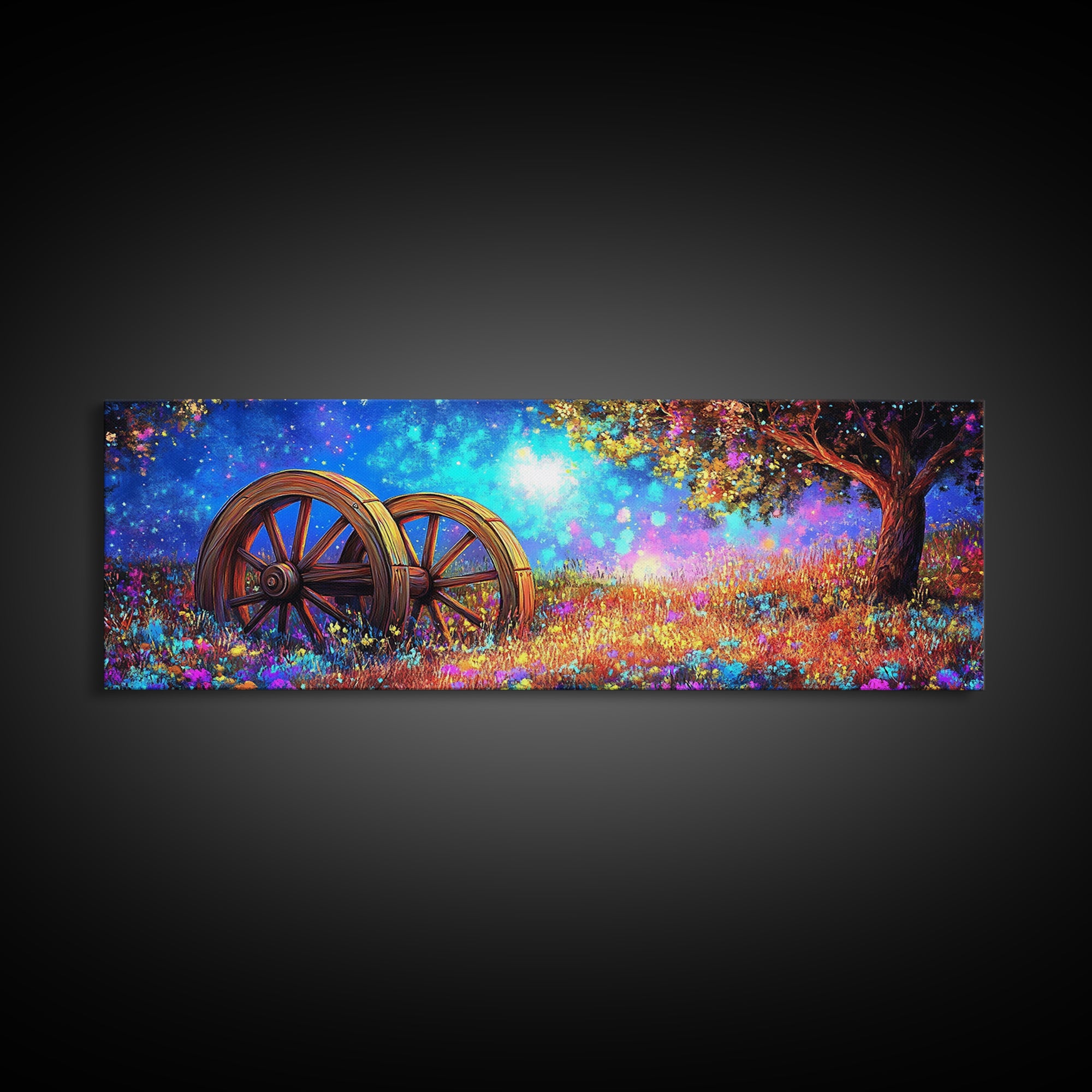 Starry Meadow Wagon Wheels Framed Canvas Print, Rustic Country Wall Art, Whimsical Landscape Decor, Farmhouse Home Gift