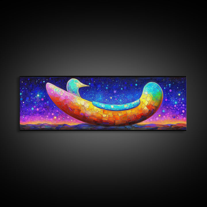 Rainbow Crescent Moon Bird Wall Art, Whimsical Celestial Canvas Print, Colorful Nursery Decor, Dreamy Kids Room Gift, Baby Shower Gift