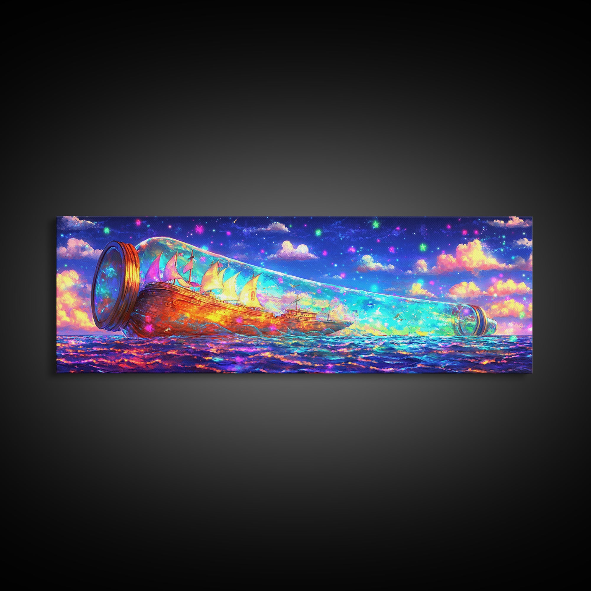 Glowing Message Bottle At Starry Sea Canvas Print, Fantasy Wall Art, Ocean Decor, Nautical Print, Whimsical Coastal Gift