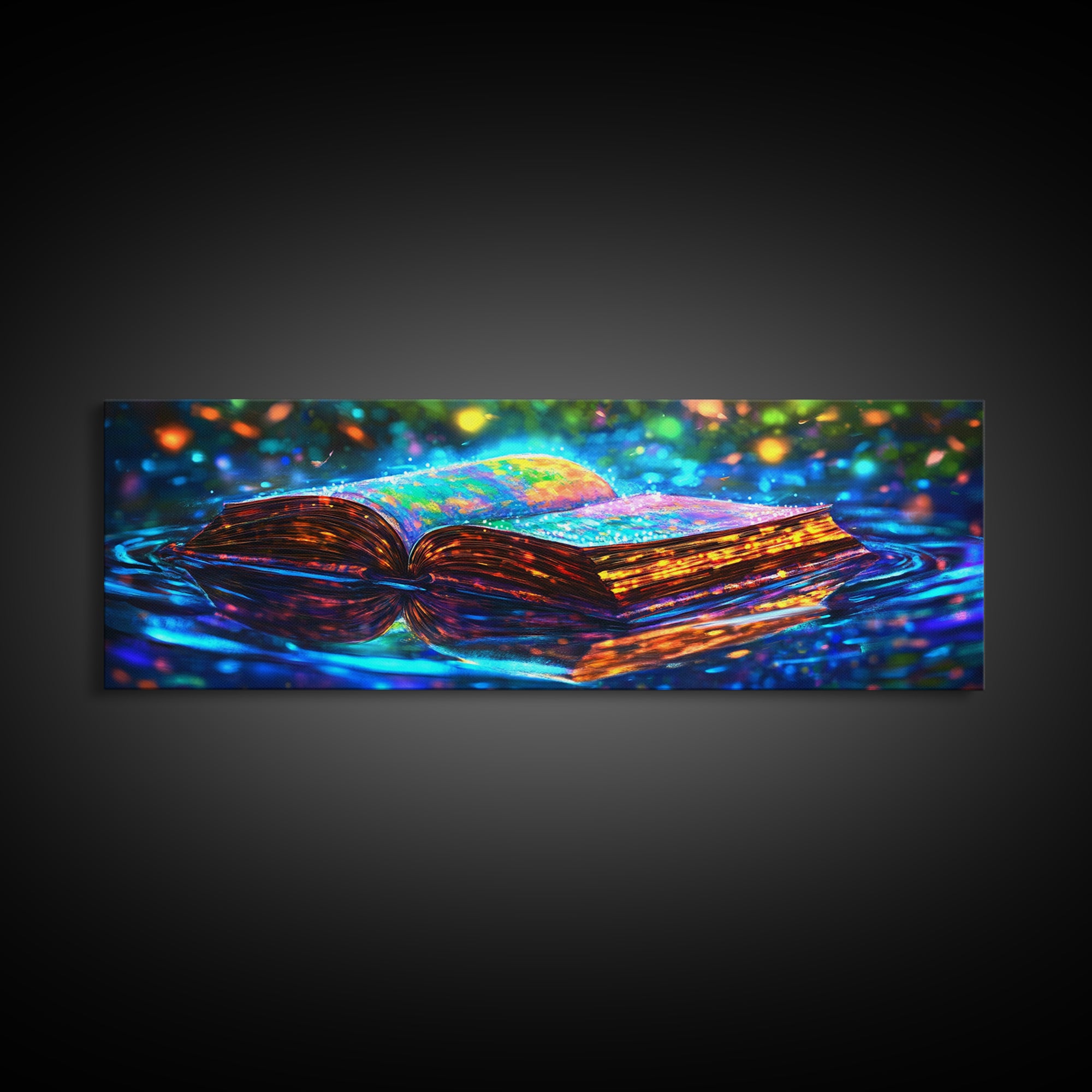 Glowing Open Book On Moonlit Water Canvas Print, Fantasy Wall Art, Library Decor, Book Lover Gift, Magical Reading Nook Art