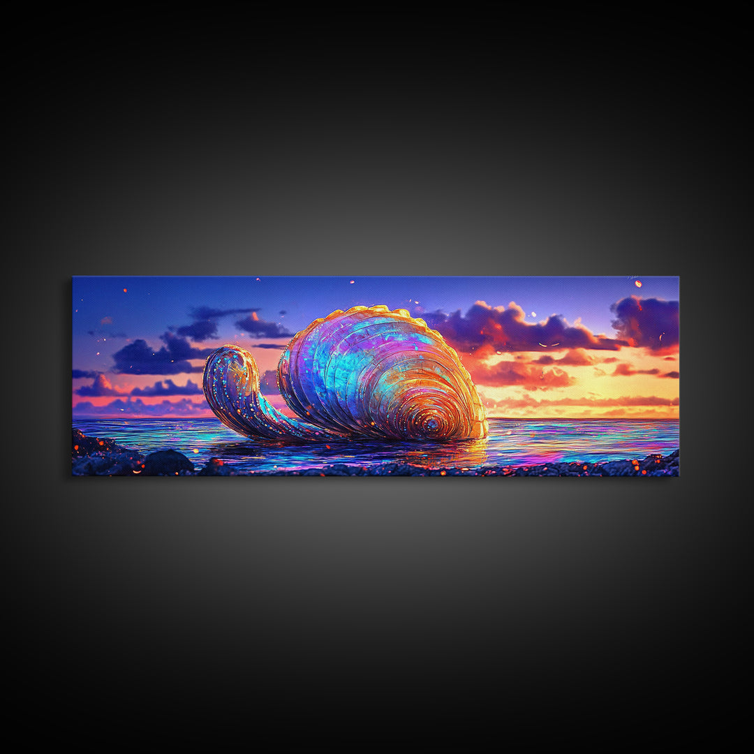 Giant Iridescent Seashell At Ocean Sunset Wall Art, Coastal Canvas Print For Beach House Living Room Decor And Nautical Gift