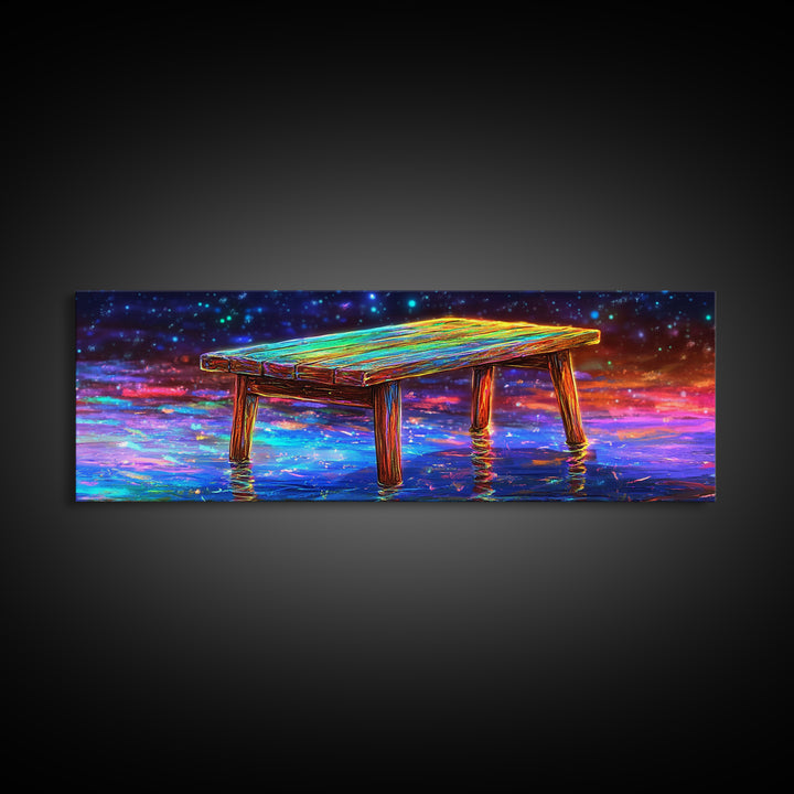 Glowing Wooden Dock Over Reflective Water Wall Art, Starry Landscape Canvas Print For Lake House Decor And Home Office Decor
