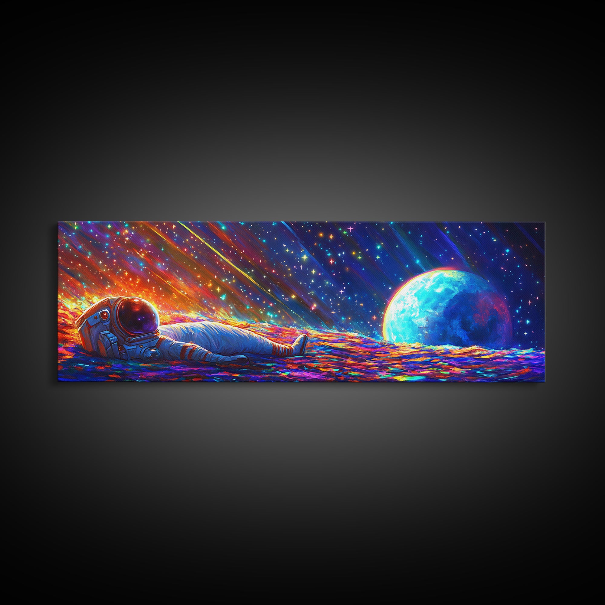 Astronaut Resting On Rainbow Planet Wall Art, Sci Fi Space Canvas Print For Gaming Room Decor And Modern Futuristic Home Decor