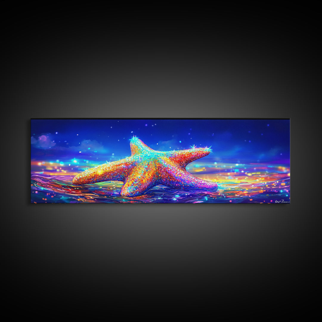 Rainbow Starfish In Moonlit Surf Canvas Print, Coastal Wall Art, Ocean Seascape Decor, Beach House Gift For Her, Summer Decor