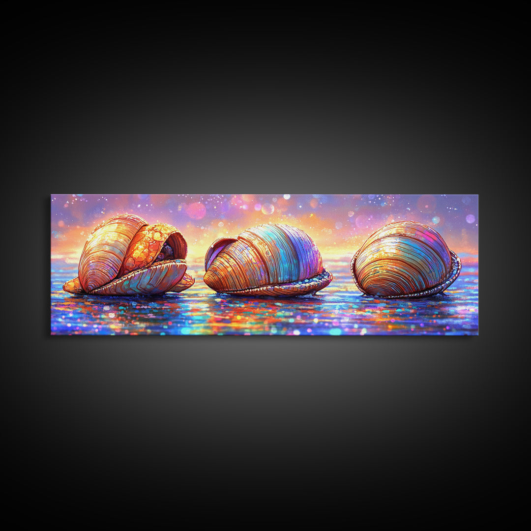 Iridescent Seashells On Sparkling Shore Wall Art, Coastal Canvas Print, Beach House Decor, Ocean Lover Gift For Her Home