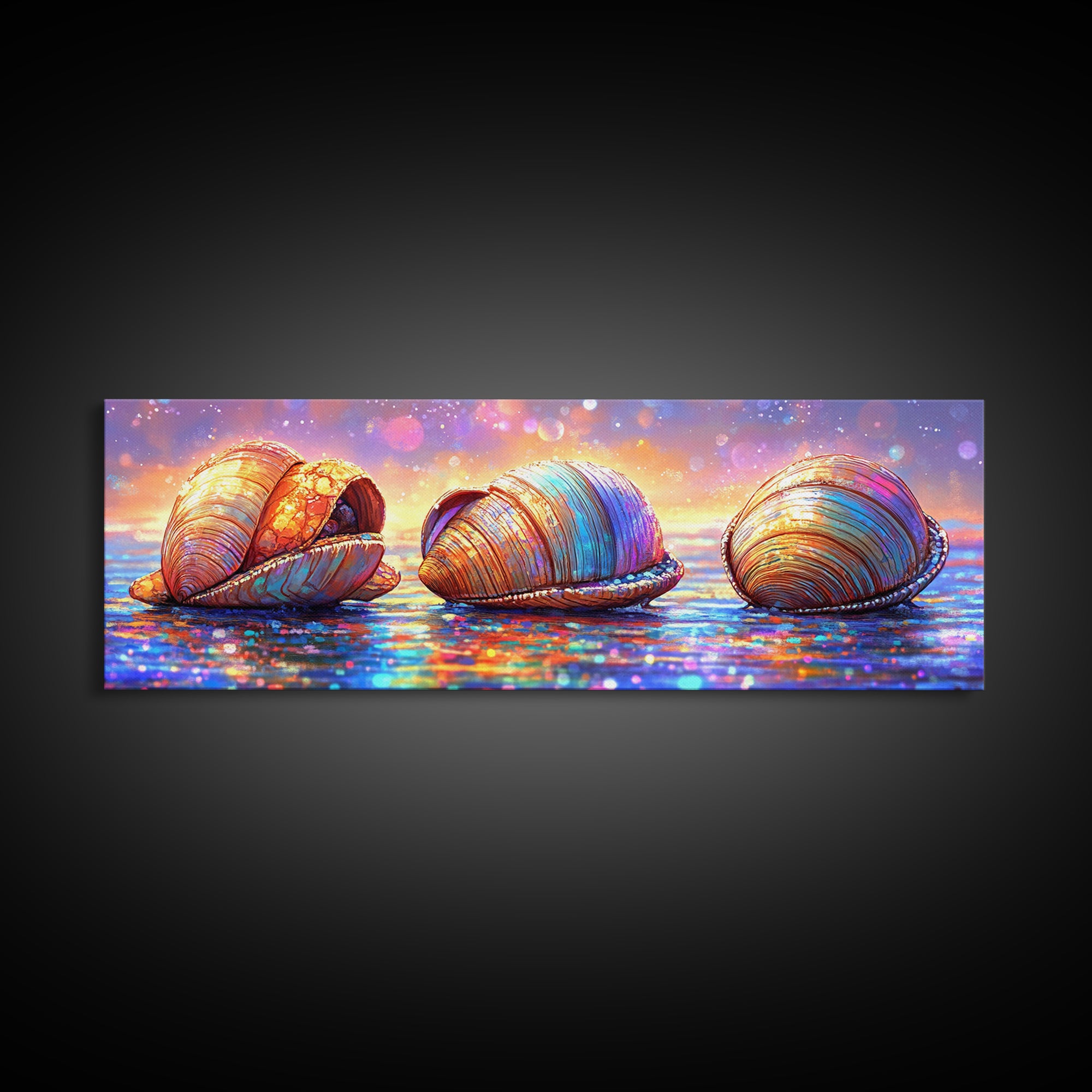 Iridescent Seashells On Sparkling Shore Wall Art, Coastal Canvas Print, Beach House Decor, Ocean Lover Gift For Her Home