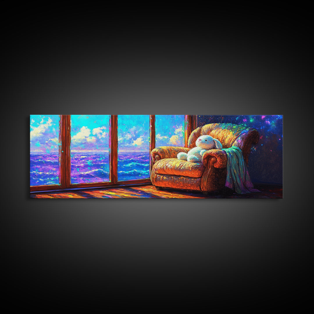 Cozy Bunny Armchair By Ocean Window Framed Canvas Print, Whimsical Nursery Wall Art, Beach House Bedroom Decor, Baby Gift