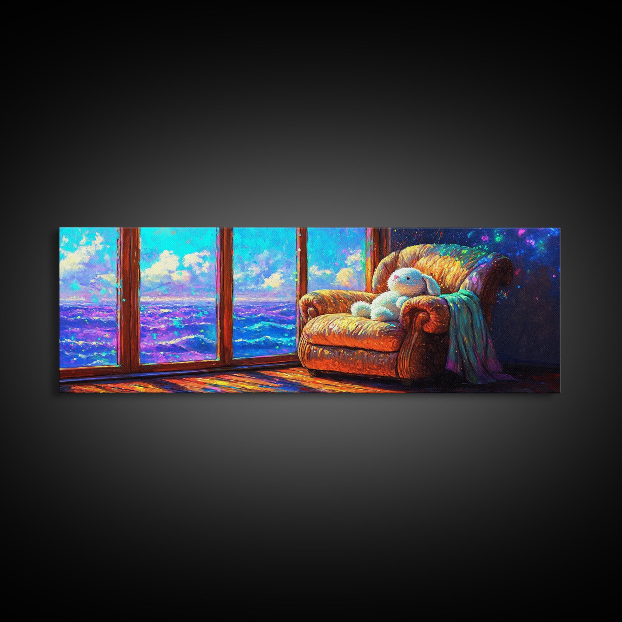Cozy Bunny Armchair By Ocean Window Framed Canvas Print, Whimsical Nursery Wall Art, Beach House Bedroom Decor, Baby Gift