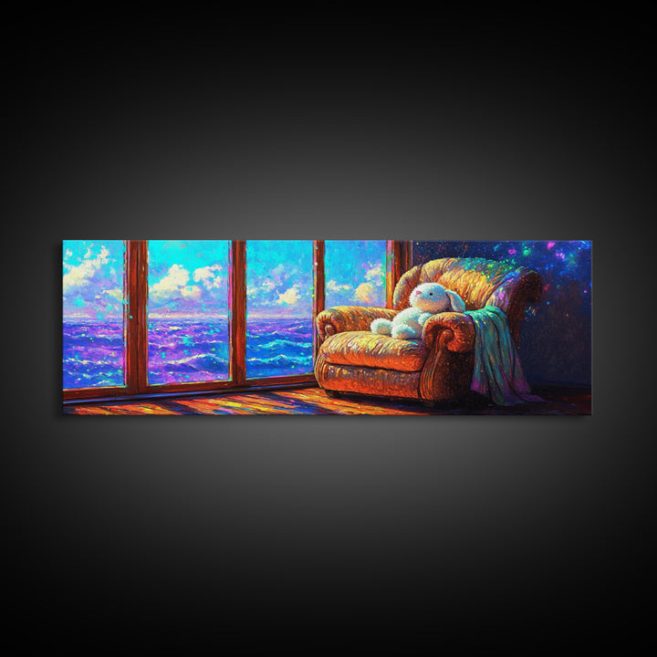 Cozy Bunny Armchair By Ocean Window Framed Canvas Print, Whimsical Nursery Wall Art, Beach House Bedroom Decor, Baby Gift