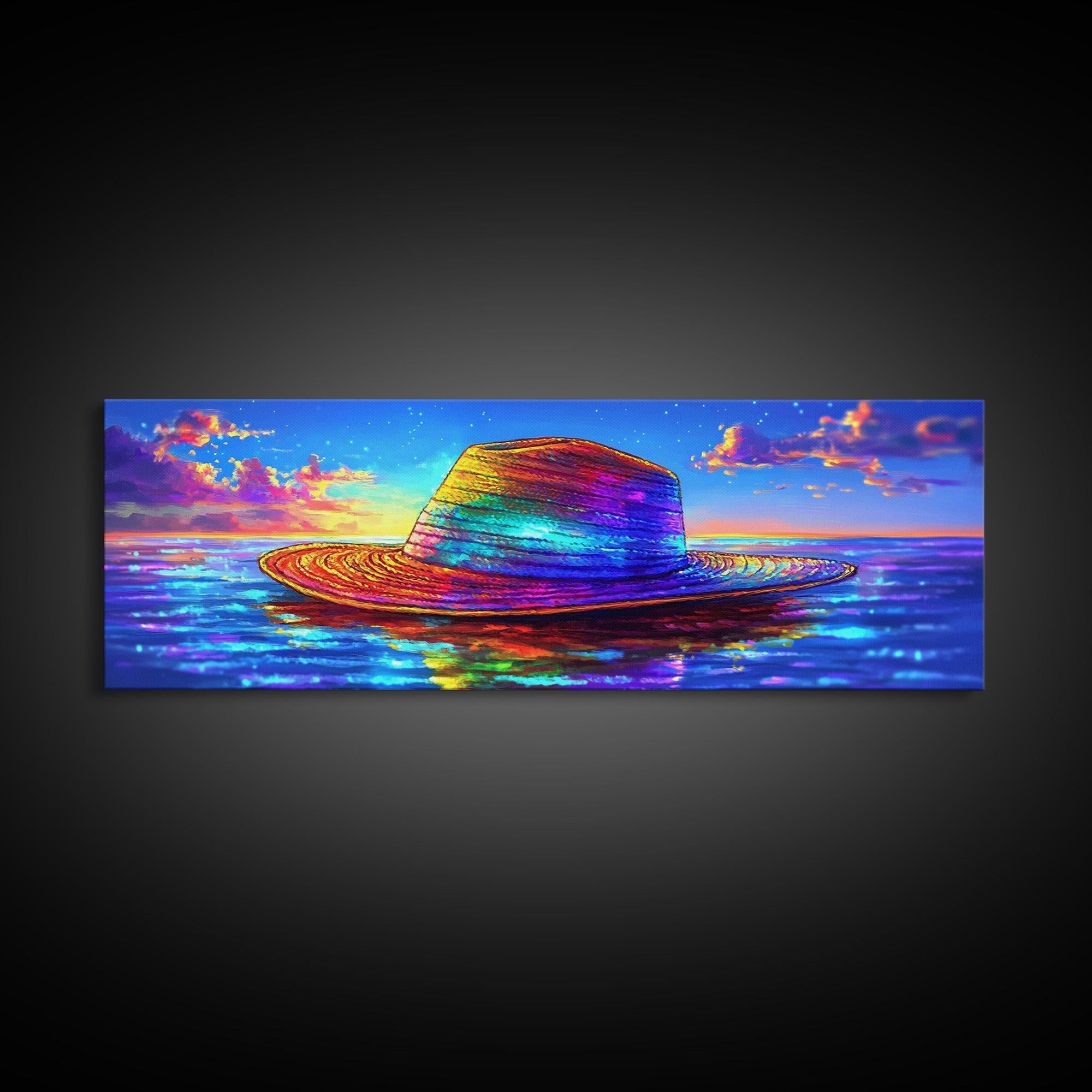 Rainbow Straw Hat Floating On Sunset Ocean Wall Art, Colorful Beach Decor, Coastal Canvas Print, Summer Vacation Poster Art
